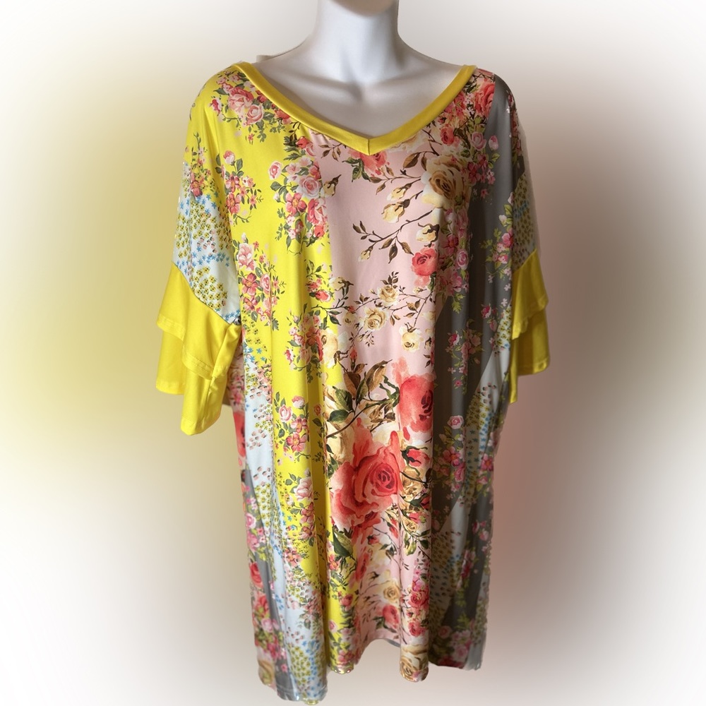 Yellow patchwork print dress tunic with flutter sleeves size XL